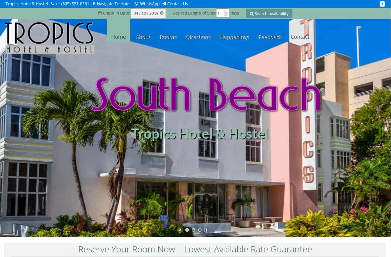 Tropics Hotel & Hostel Miami Beach Website by iSatisfy.com